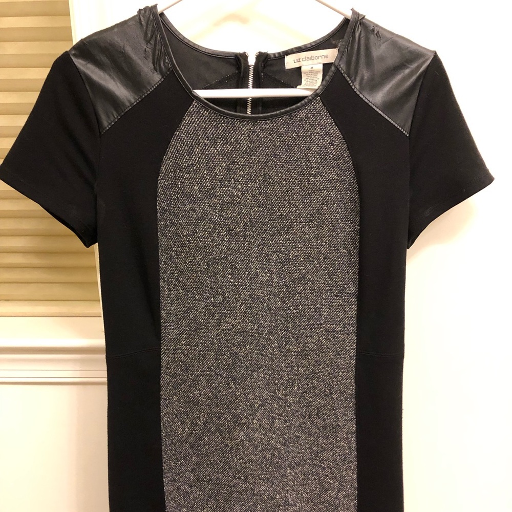 Liz Claiborne leather and grey pattern black dress
